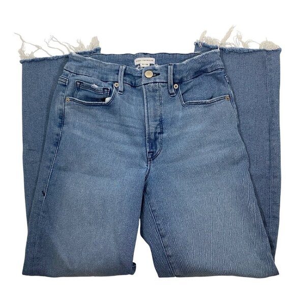Good American Good Legs straight mid rise frayed hem & waist Sz 6 / 28 stretch - Picture 7 of 13